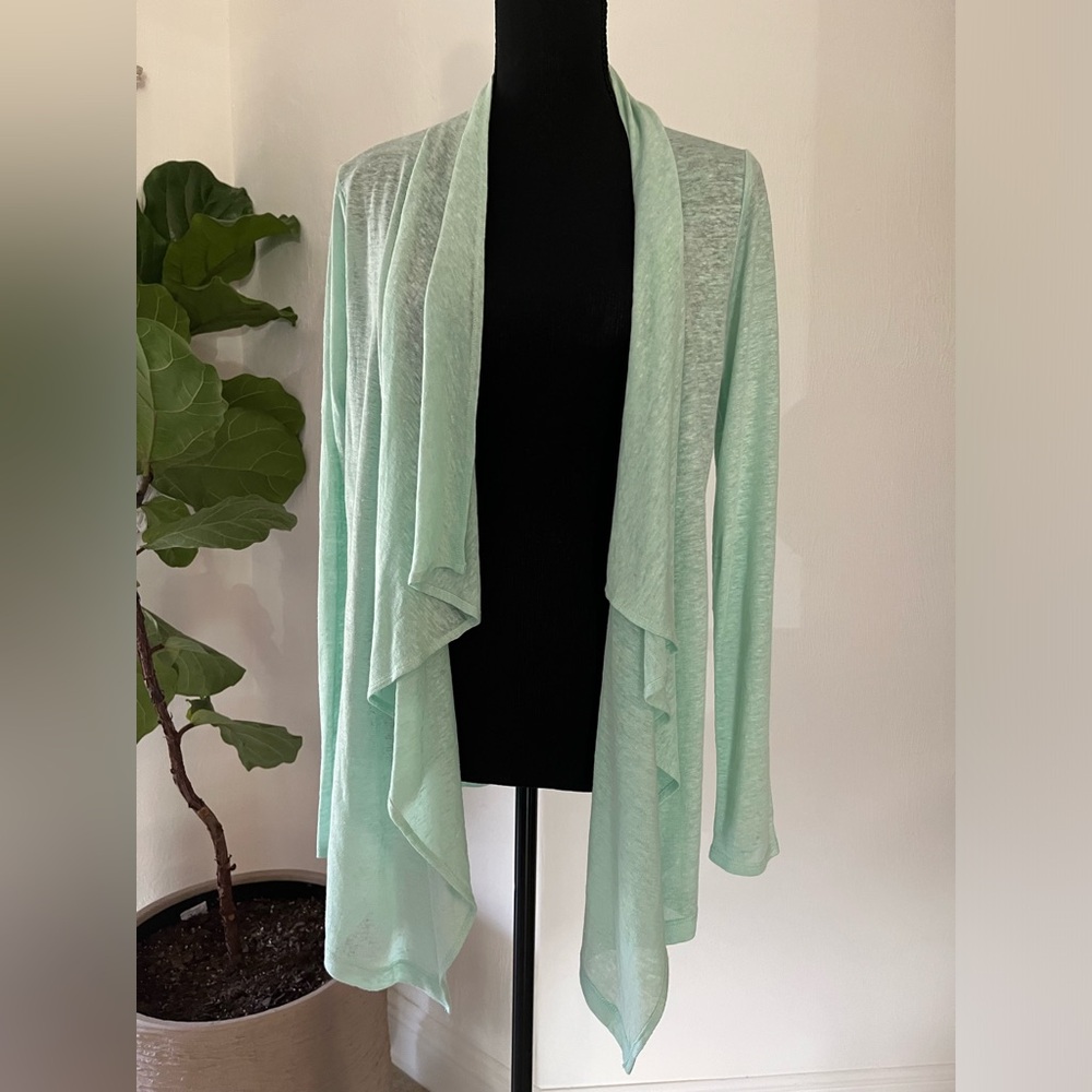 Verve ami 100% Linen Open Cascade Front Cardigan Sweater Small Aqua green